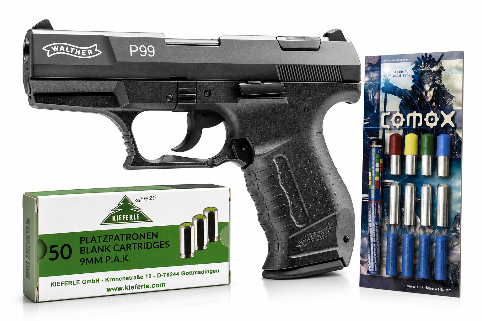 Set Walther P99 Kal. 9 mm P.A.K. mit 50 Schuss Platzpatronen und 22 tlg. Pyromunition